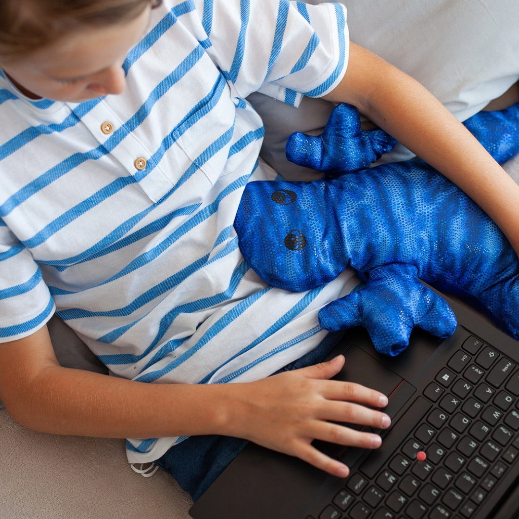 boy with weighted lizard on lap