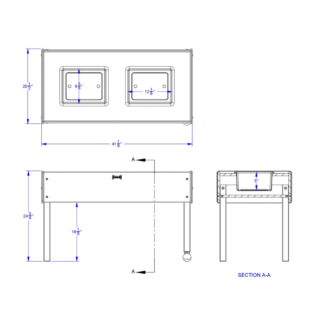 Technical drawing of a piece of furniture with dimensions and views.